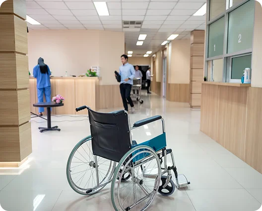 Hospital reception hallway with a wheelchair, cybersecurity for Atlanta healthcare providers
