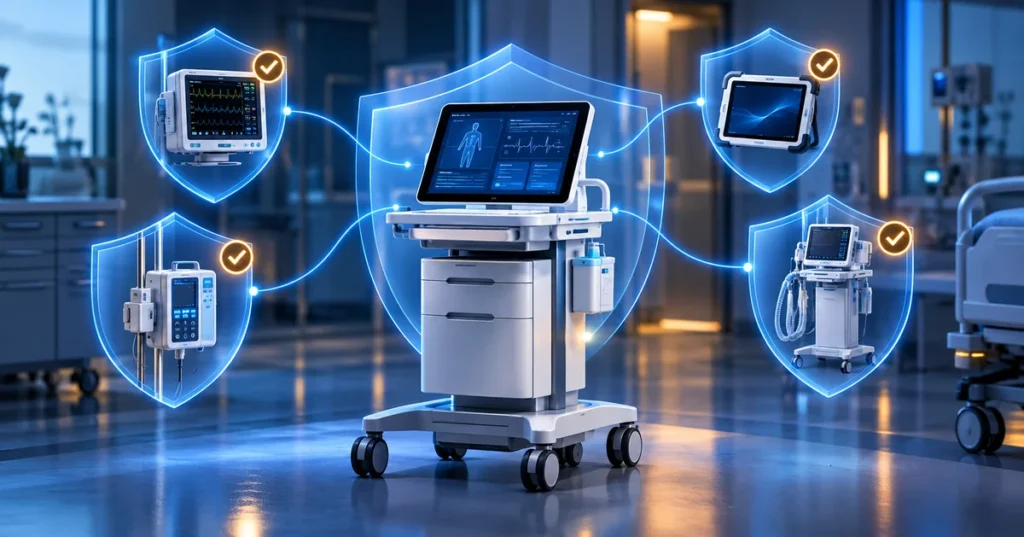 Hospital workstations and medical devices protected by endpoint security shields
