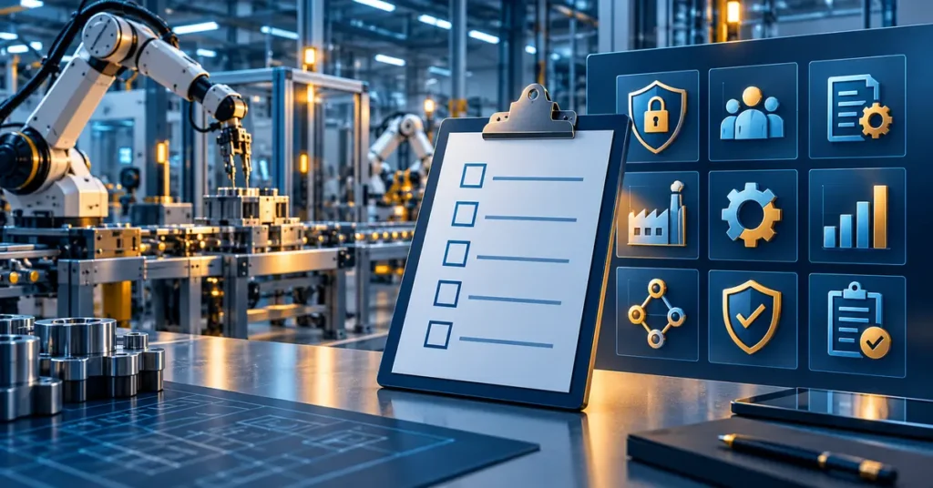 Manufacturing production line beside a compliance checklist and security controls