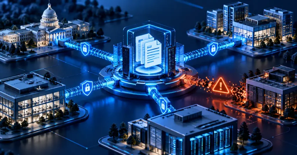 Encrypted information exchange between government and business networks with a warning at one connection