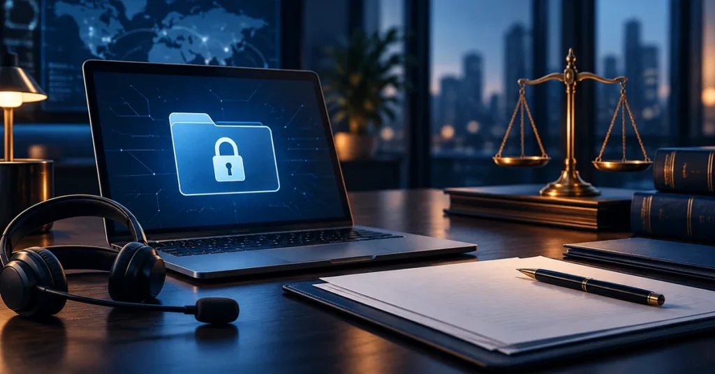 Ransomware response desk with a locked laptop, headset and justice scales
