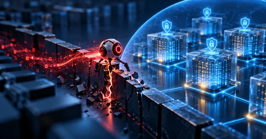 Autonomous AI node crossing a broken access boundary toward protected datasets