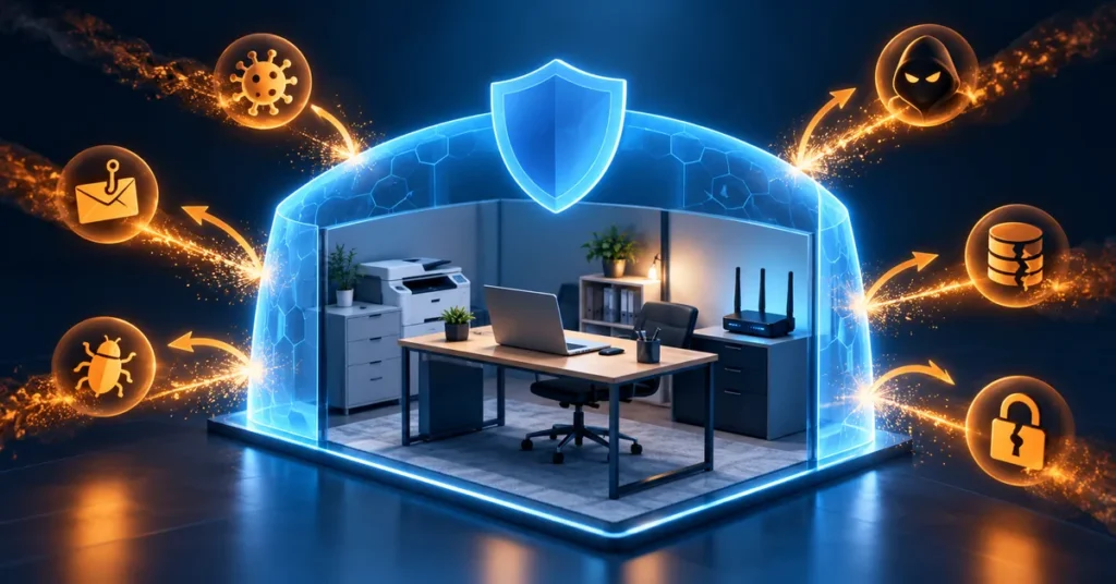 Small office network protected from several cyber threats