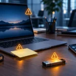 Office laptop, sticky note, USB drive and phone illustrating everyday security risks