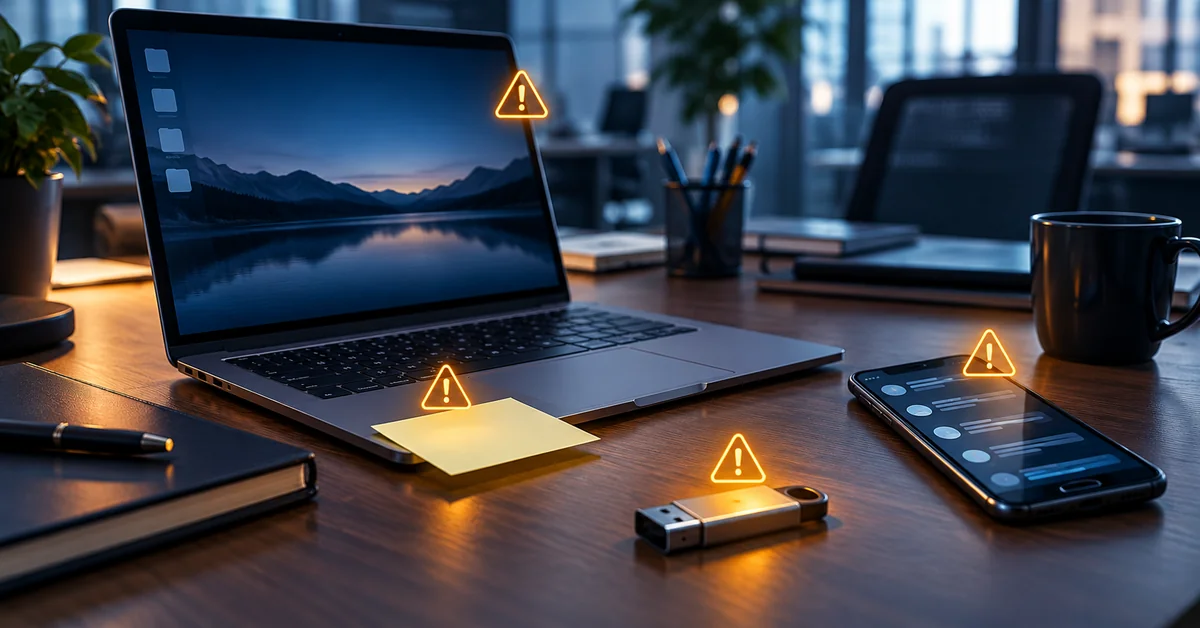 Office laptop, sticky note, USB drive and phone illustrating everyday security risks