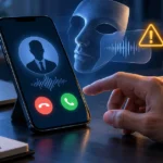 Suspicious phone call represented by a false identity mask and warning symbol